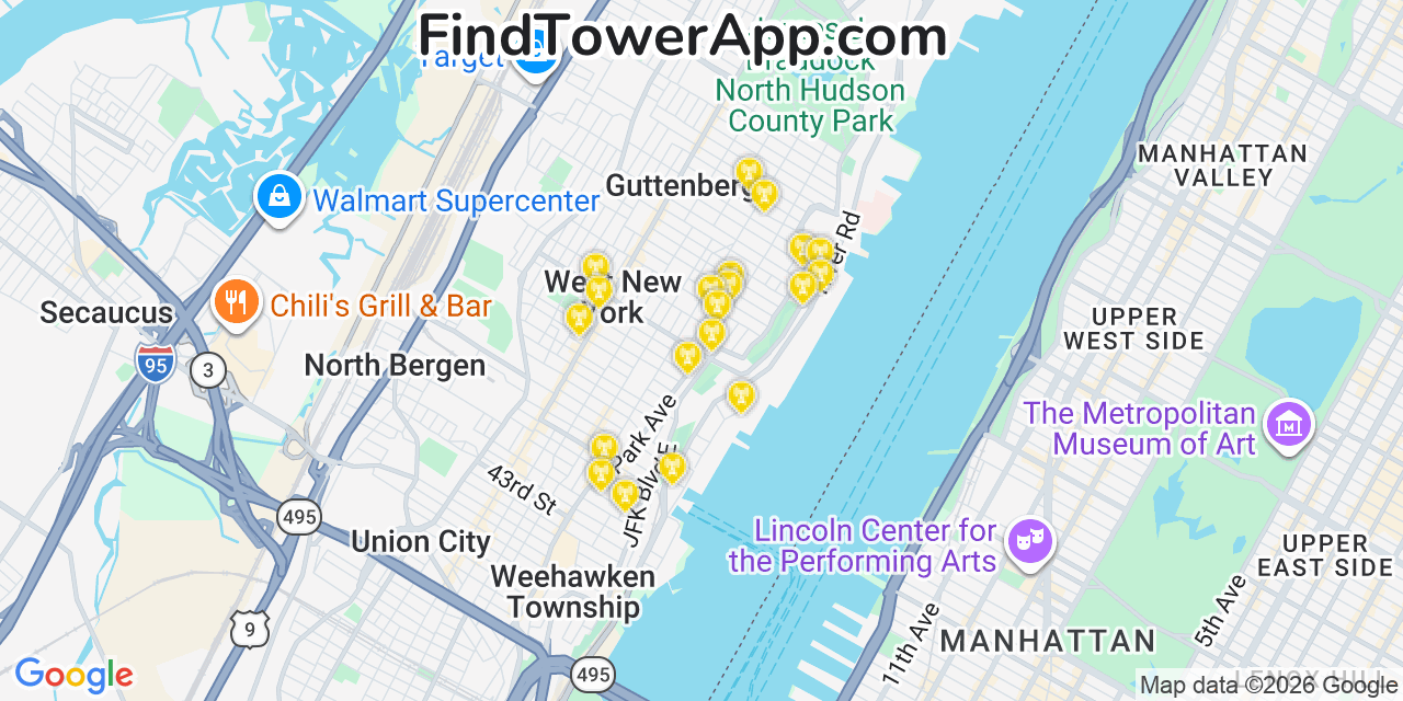 Map showing the 20 primary cell tower locations detected in West New York, New Jersey from AT&T, Verizon, and T-Mobile networks