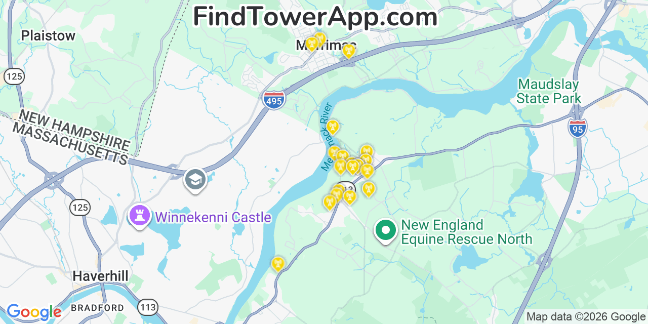 Map showing the 20 primary cell tower locations detected in West Newbury, Massachusetts from AT&T, Verizon, and T-Mobile networks