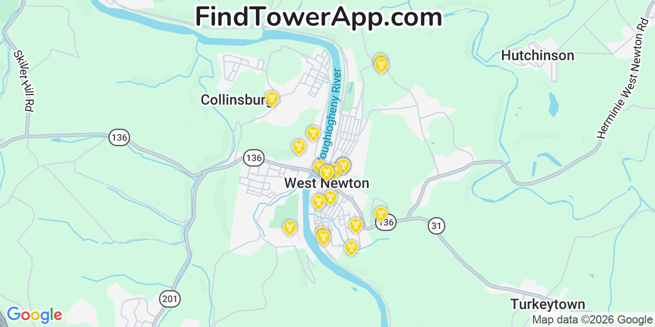 Map showing the 20 primary cell tower locations detected in West Newton, Pennsylvania from AT&T, Verizon, and T-Mobile networks