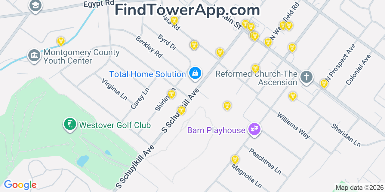 Map showing the 20 primary cell tower locations detected in West Norriton, Pennsylvania from AT&T, Verizon, and T-Mobile networks