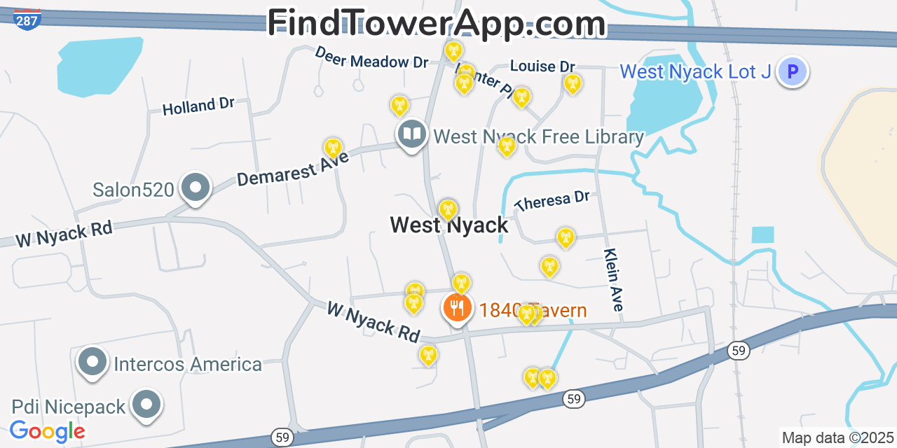 Map showing the 20 primary cell tower locations detected in West Nyack, New York from AT&T, Verizon, and T-Mobile networks