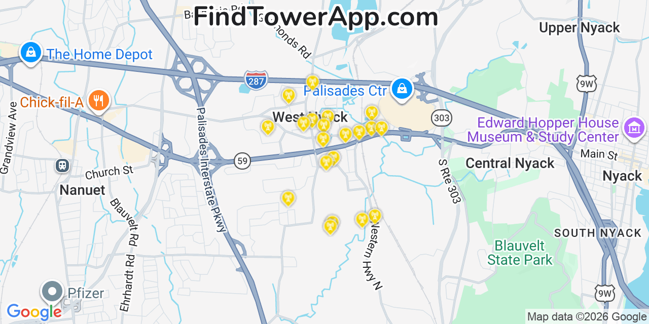 Map showing the 20 primary cell tower locations detected in West Nyack, New York from AT&T, Verizon, and T-Mobile networks