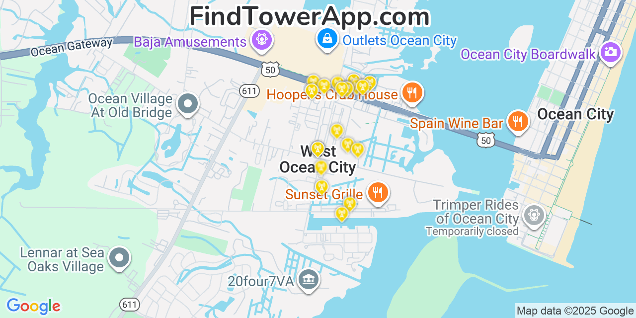 Map showing the 20 primary cell tower locations detected in West Ocean City, Maryland from AT&T, Verizon, and T-Mobile networks