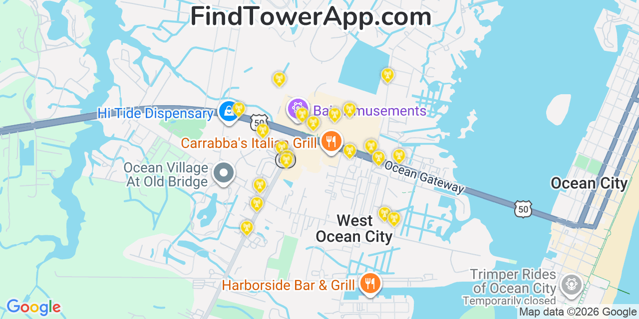 Map showing the 20 primary cell tower locations detected in West Ocean City, Maryland from AT&T, Verizon, and T-Mobile networks