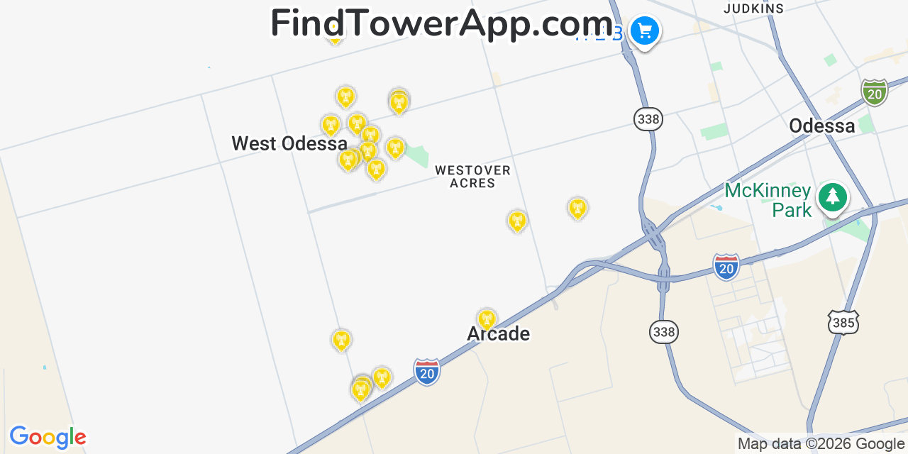 Map showing the 20 primary cell tower locations detected in West Odessa, Texas from AT&T, Verizon, and T-Mobile networks