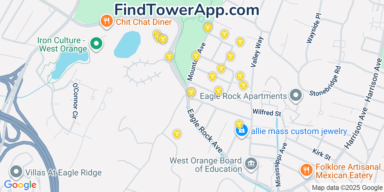Map showing the 20 primary cell tower locations detected in West Orange, New Jersey from AT&T, Verizon, and T-Mobile networks