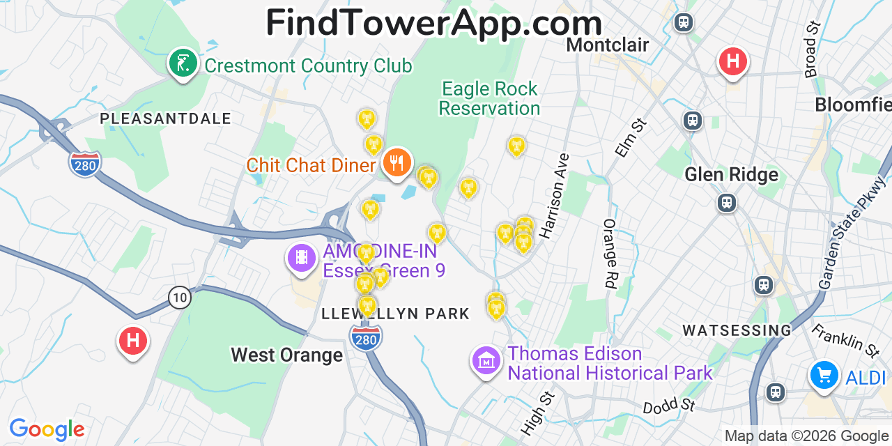 Map showing the 20 primary cell tower locations detected in West Orange, New Jersey from AT&T, Verizon, and T-Mobile networks