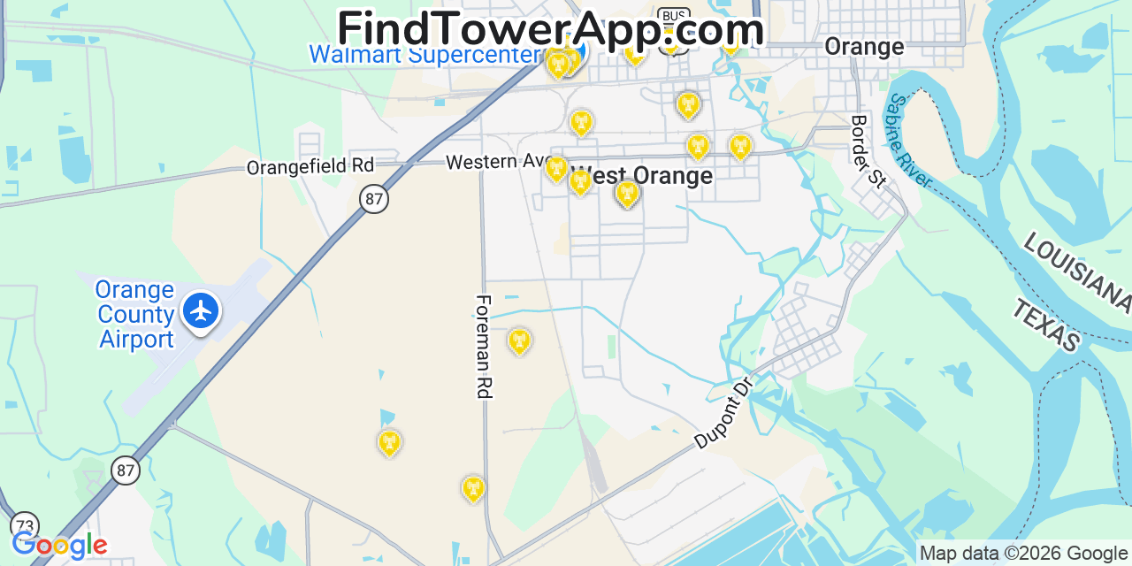 Map showing the 20 primary cell tower locations detected in West Orange, Texas from AT&T, Verizon, and T-Mobile networks