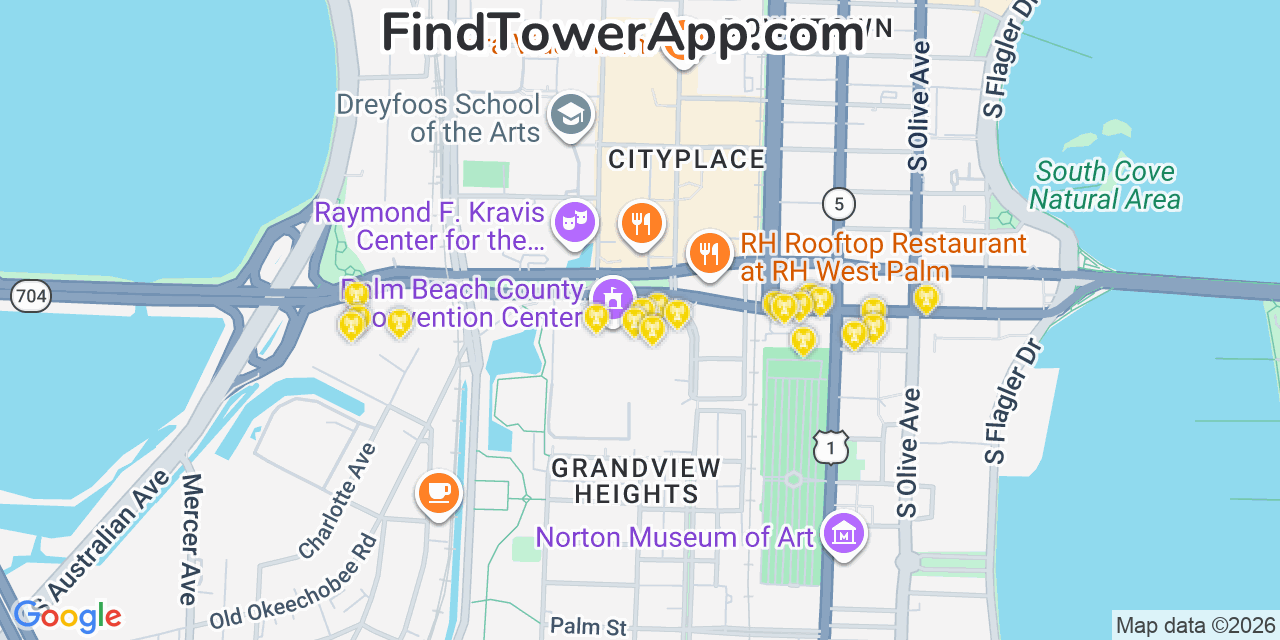 Map showing the 20 primary cell tower locations detected in West Palm Beach, Florida from AT&T, Verizon, and T-Mobile networks