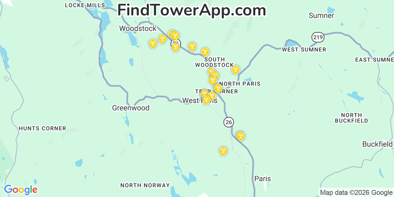 Map showing the 20 primary cell tower locations detected in West Paris, Maine from AT&T, Verizon, and T-Mobile networks