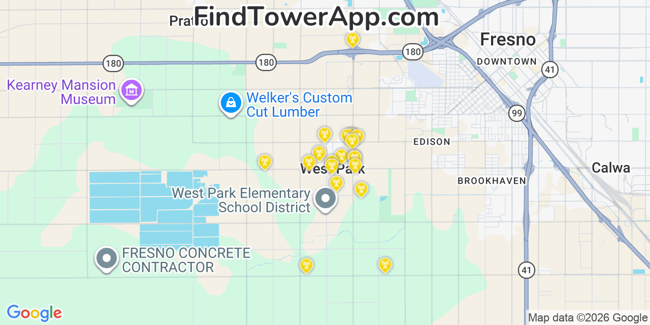 Map showing the 20 primary cell tower locations detected in West Park, California from AT&T, Verizon, and T-Mobile networks