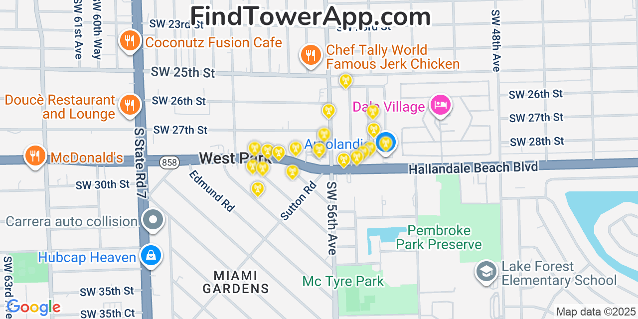 Map showing the 20 primary cell tower locations detected in West Park, Florida from AT&T, Verizon, and T-Mobile networks