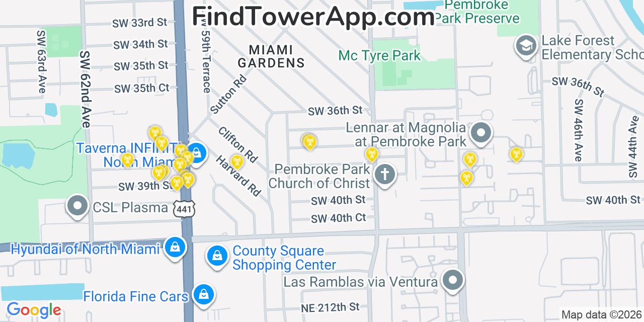 Map showing the 20 primary cell tower locations detected in West Park, Florida from AT&T, Verizon, and T-Mobile networks