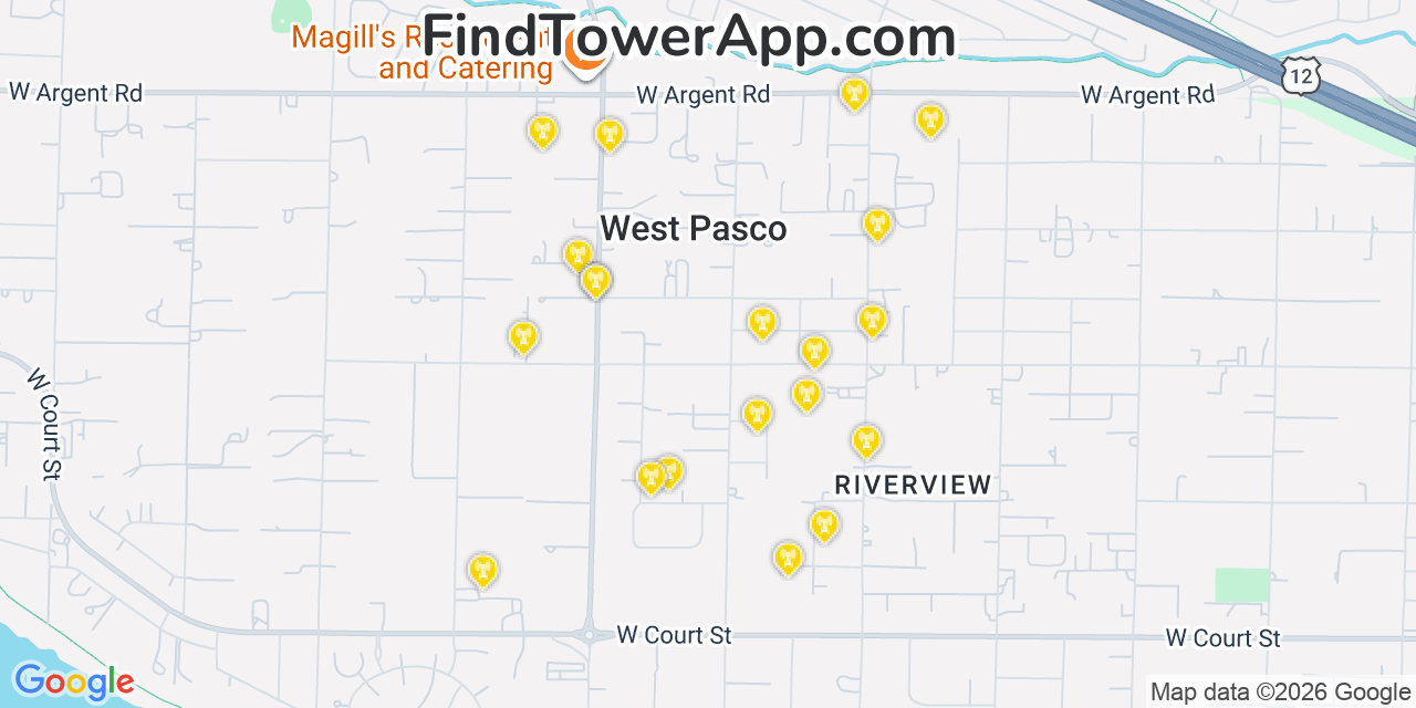 Map showing the 20 primary cell tower locations detected in West Pasco, Washington from AT&T, Verizon, and T-Mobile networks