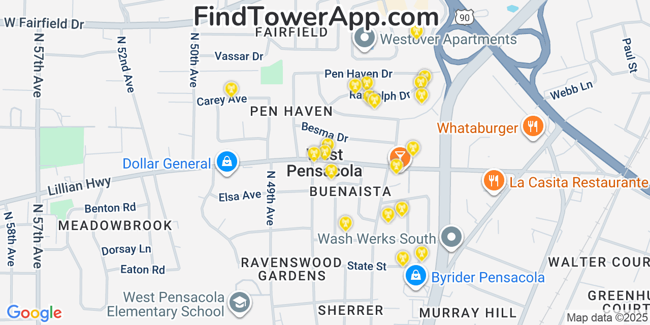 Map showing the 20 primary cell tower locations detected in West Pensacola, Florida from AT&T, Verizon, and T-Mobile networks