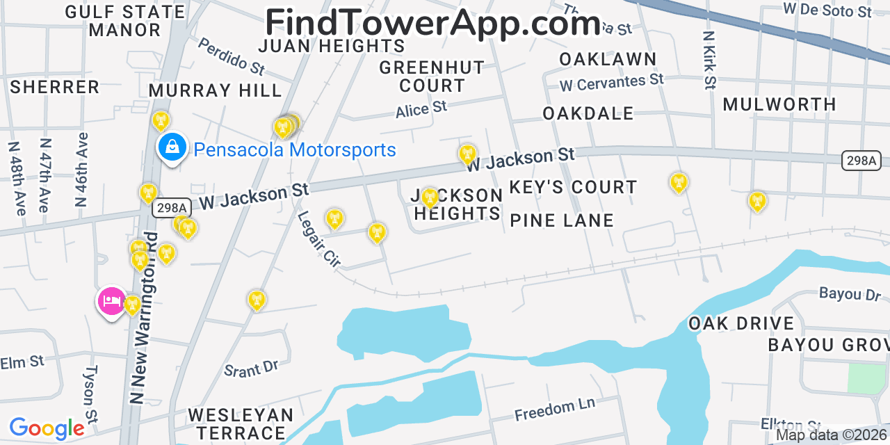 Map showing the 20 primary cell tower locations detected in West Pensacola, Florida from AT&T, Verizon, and T-Mobile networks
