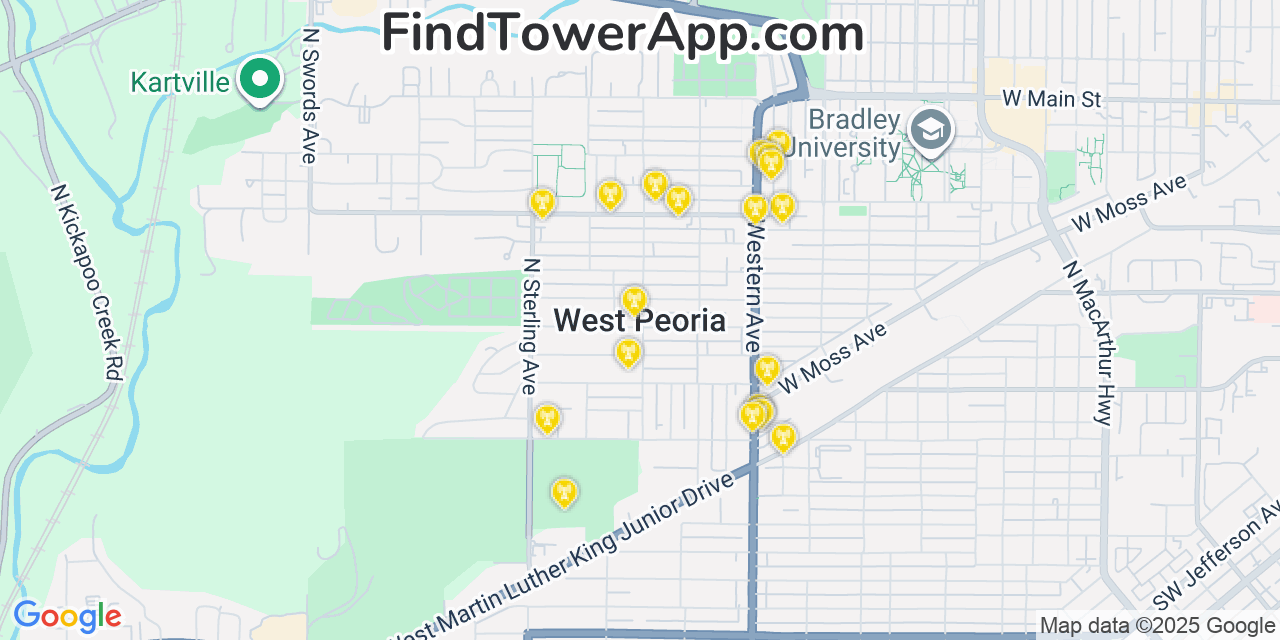 Map showing the 20 primary cell tower locations detected in West Peoria, Illinois from AT&T, Verizon, and T-Mobile networks