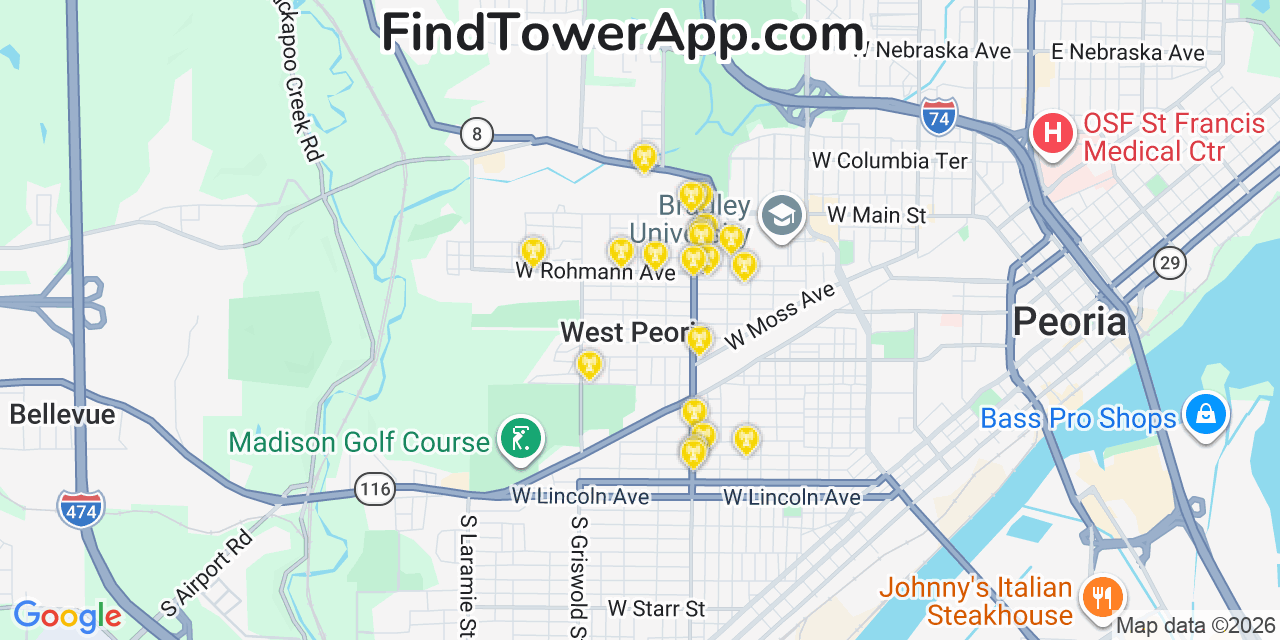 Map showing the 20 primary cell tower locations detected in West Peoria, Illinois from AT&T, Verizon, and T-Mobile networks