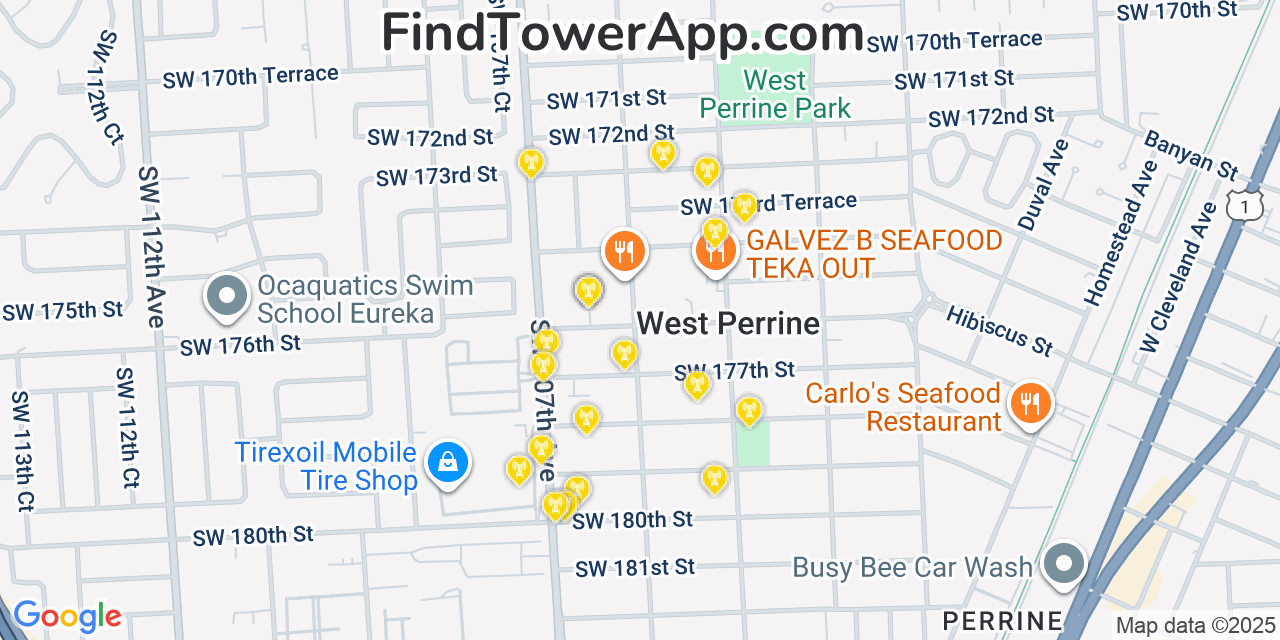 Map showing the 20 primary cell tower locations detected in West Perrine, Florida from AT&T, Verizon, and T-Mobile networks