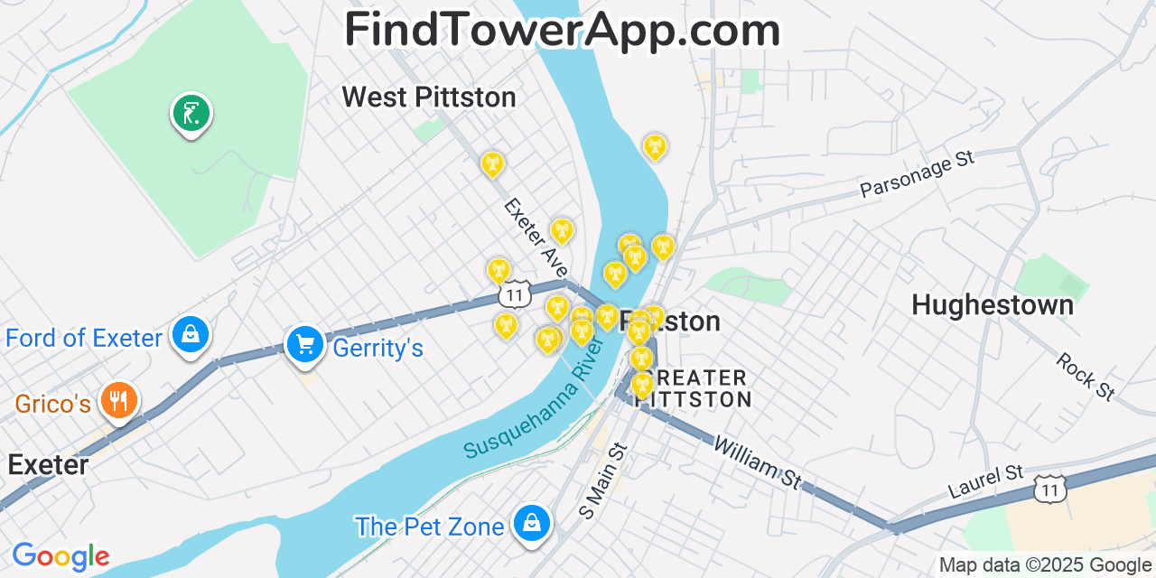 Map showing the 20 primary cell tower locations detected in West Pittston, Pennsylvania from AT&T, Verizon, and T-Mobile networks