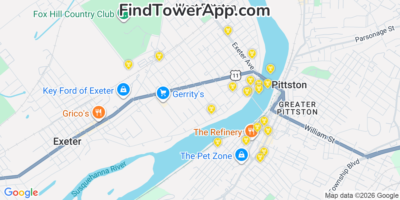 Map showing the 20 primary cell tower locations detected in West Pittston, Pennsylvania from AT&T, Verizon, and T-Mobile networks