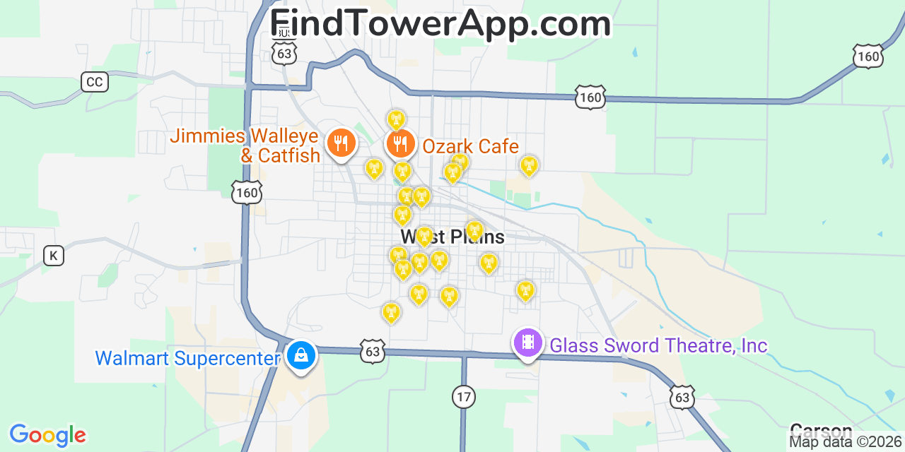 Map showing the 20 primary cell tower locations detected in West Plains, Missouri from AT&T, Verizon, and T-Mobile networks