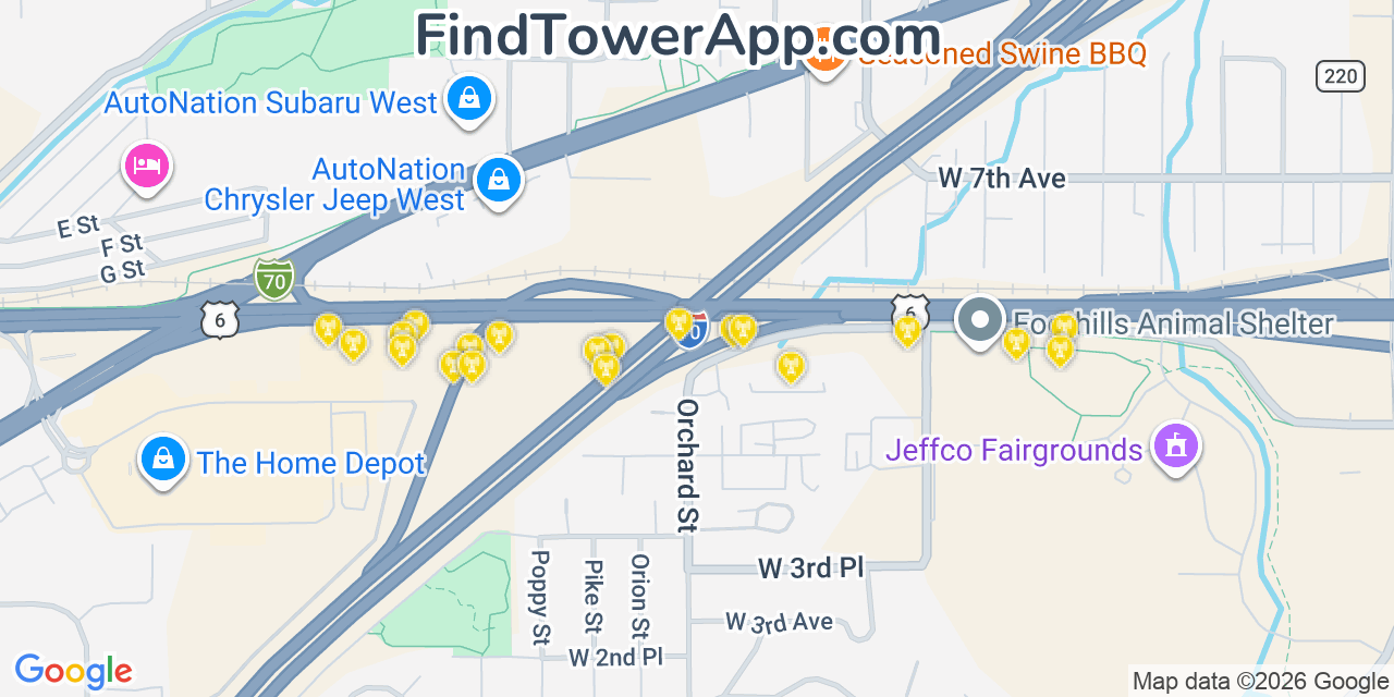 Map showing the 20 primary cell tower locations detected in West Pleasant View, Colorado from AT&T, Verizon, and T-Mobile networks