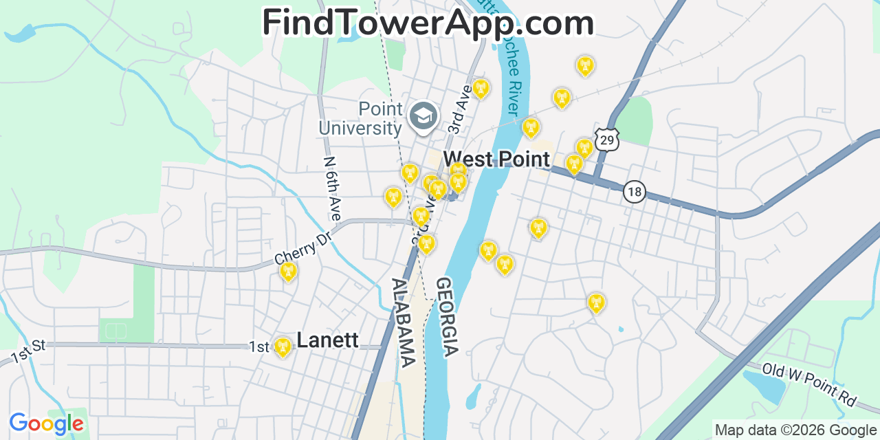 Map showing the 20 primary cell tower locations detected in West Point, Georgia from AT&T, Verizon, and T-Mobile networks