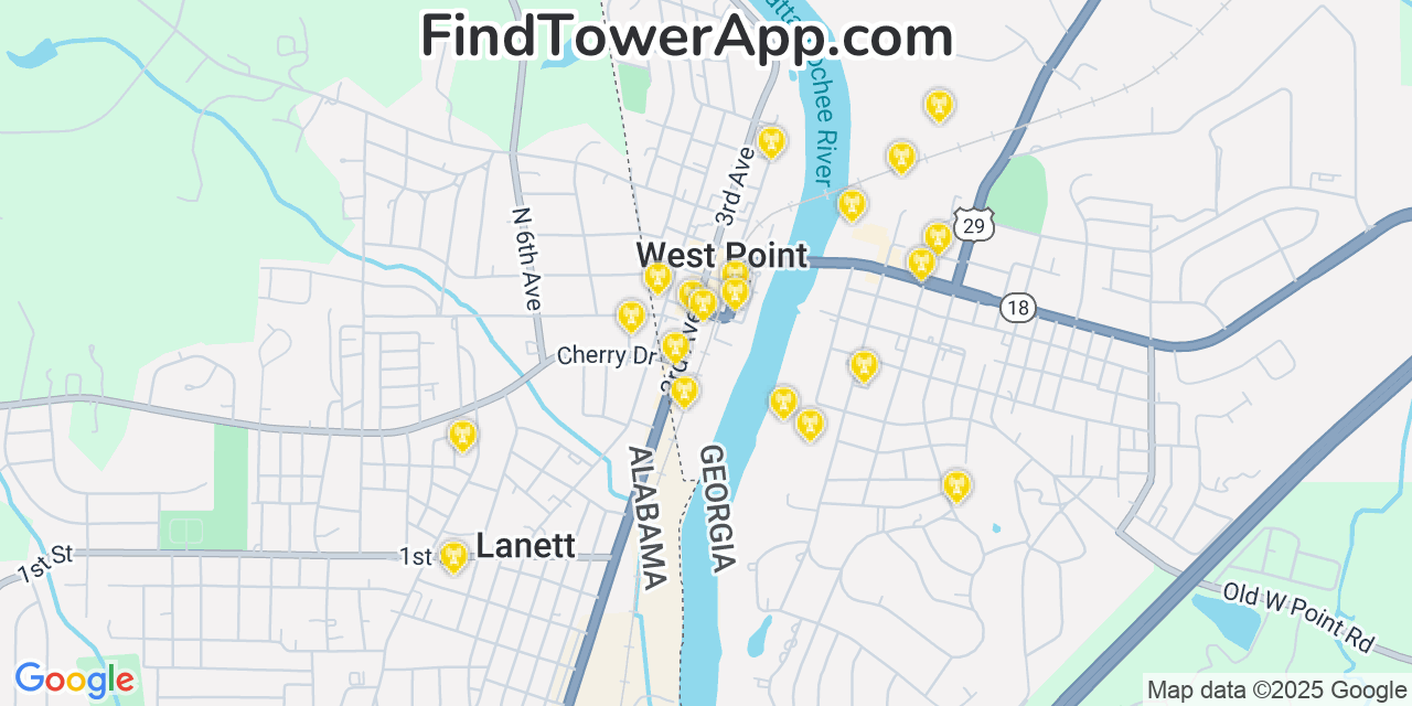 Map showing the 20 primary Mobitel cell tower locations detected in West Point, Georgia with coverage radius and signal strength indicators
