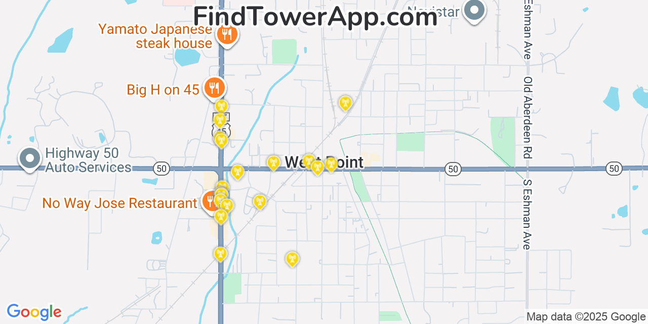 Map showing the 20 primary cell tower locations detected in West Point, Mississippi from AT&T, Verizon, and T-Mobile networks