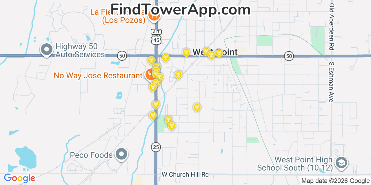 Map showing the 20 primary cell tower locations detected in West Point, Mississippi from AT&T, Verizon, and T-Mobile networks