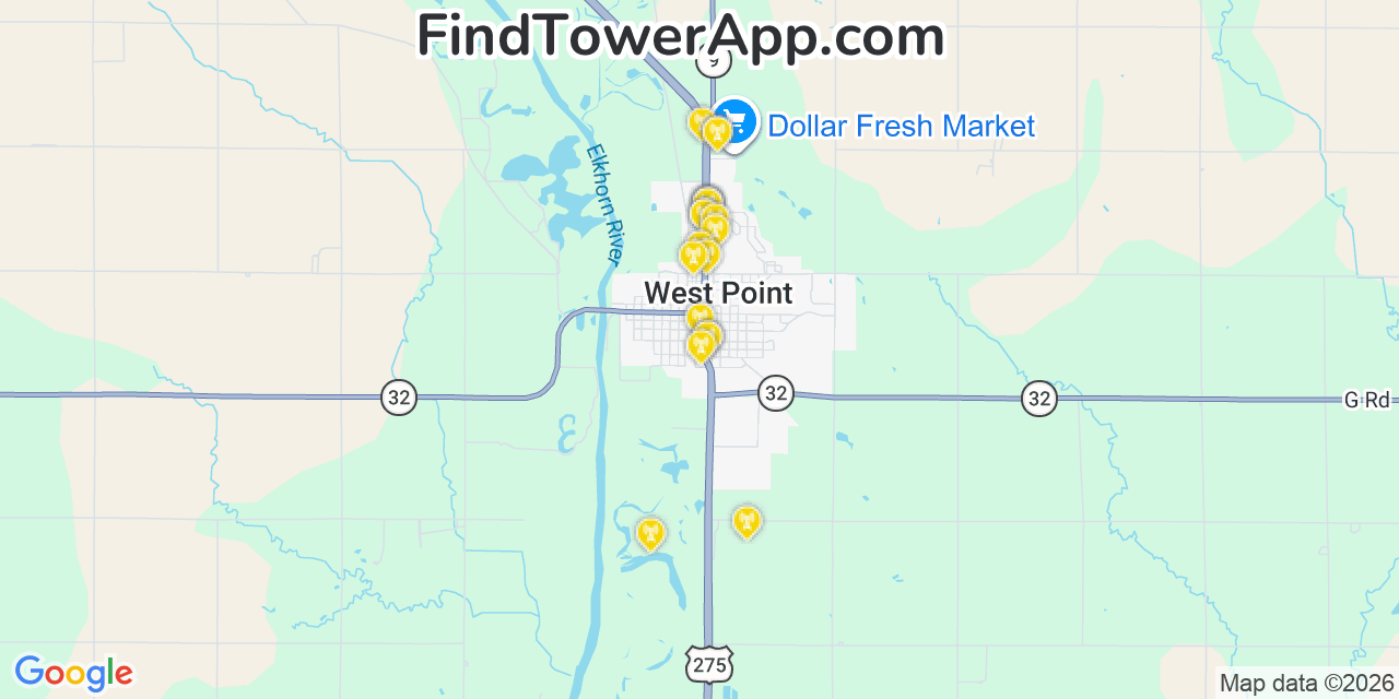 Map showing the 20 primary cell tower locations detected in West Point, Nebraska from AT&T, Verizon, and T-Mobile networks