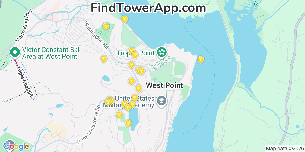 Map showing the 20 primary cell tower locations detected in West Point, New York from AT&T, Verizon, and T-Mobile networks