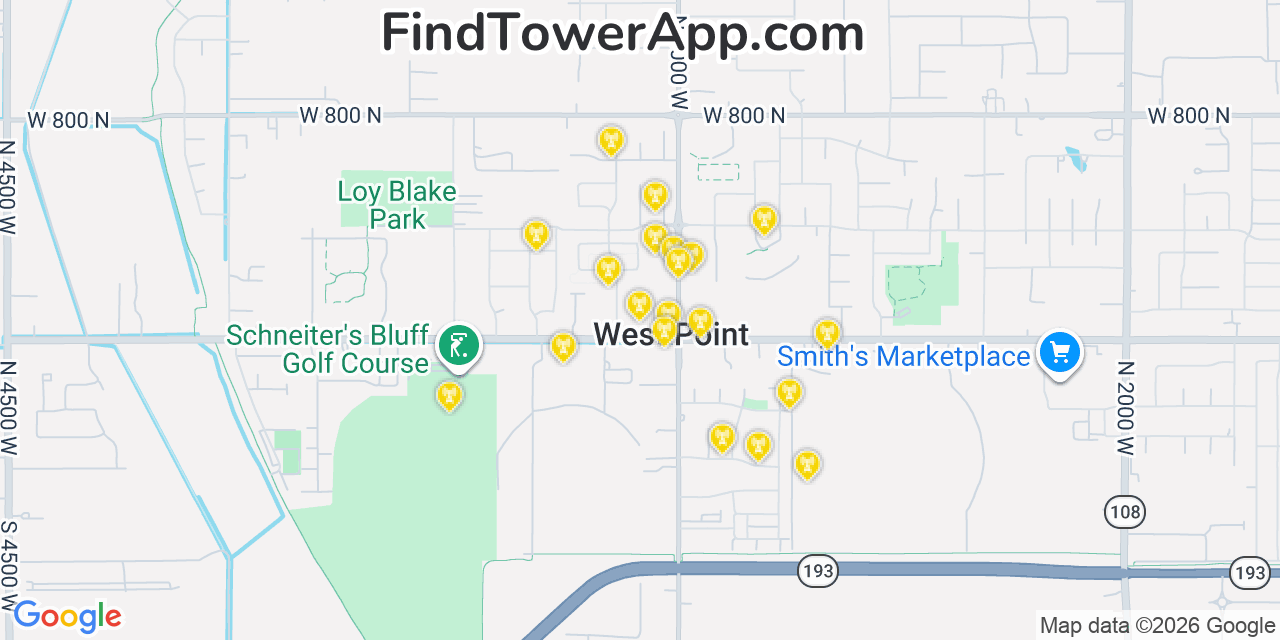 Map showing the 20 primary cell tower locations detected in West Point, Utah from AT&T, Verizon, and T-Mobile networks