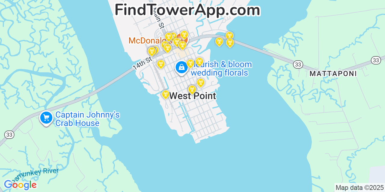 Map showing the 20 primary cell tower locations detected in West Point, Virginia from AT&T, Verizon, and T-Mobile networks
