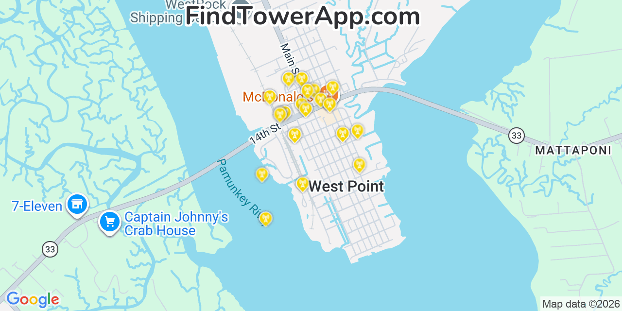 Map showing the 20 primary cell tower locations detected in West Point, Virginia from AT&T, Verizon, and T-Mobile networks
