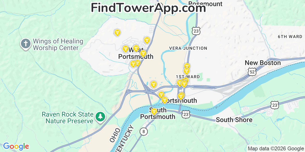 Map showing the 20 primary cell tower locations detected in West Portsmouth, Ohio from AT&T, Verizon, and T-Mobile networks