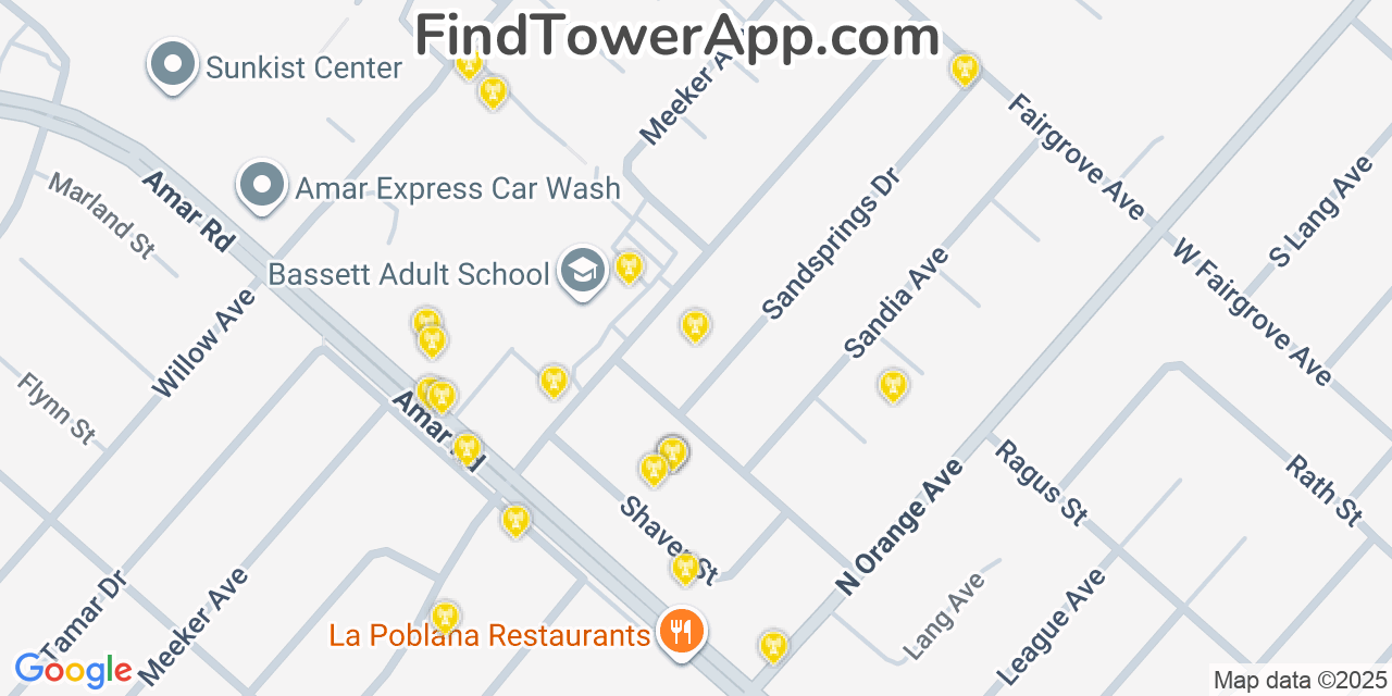 Map showing the 20 primary cell tower locations detected in West Puente Valley, California from AT&T, Verizon, and T-Mobile networks