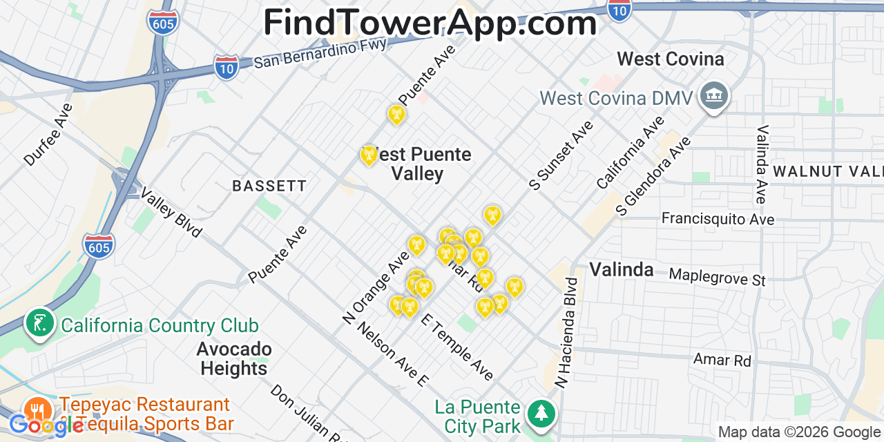 Map showing the 20 primary cell tower locations detected in West Puente Valley, California from AT&T, Verizon, and T-Mobile networks
