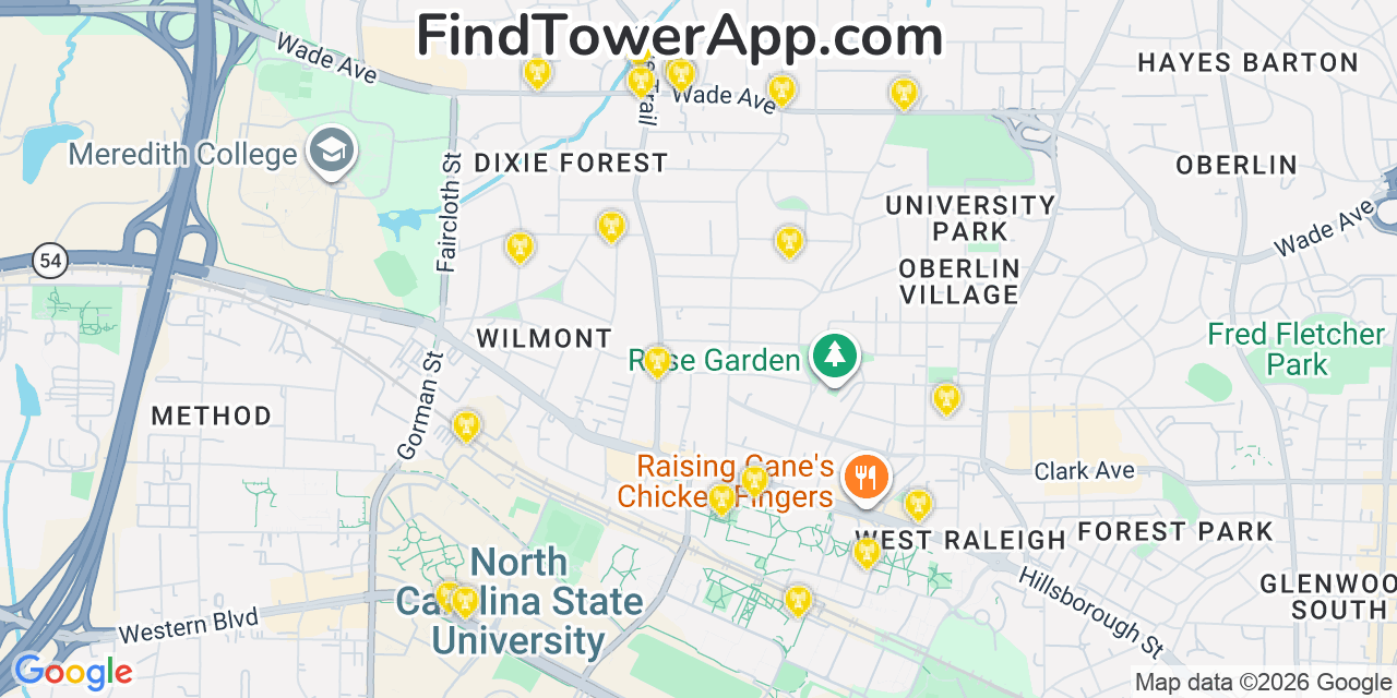 Map showing the 20 primary cell tower locations detected in West Raleigh, North Carolina from AT&T, Verizon, and T-Mobile networks