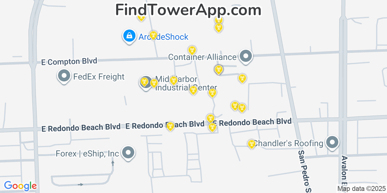 Map showing the 20 primary cell tower locations detected in West Rancho Dominguez, California from AT&T, Verizon, and T-Mobile networks