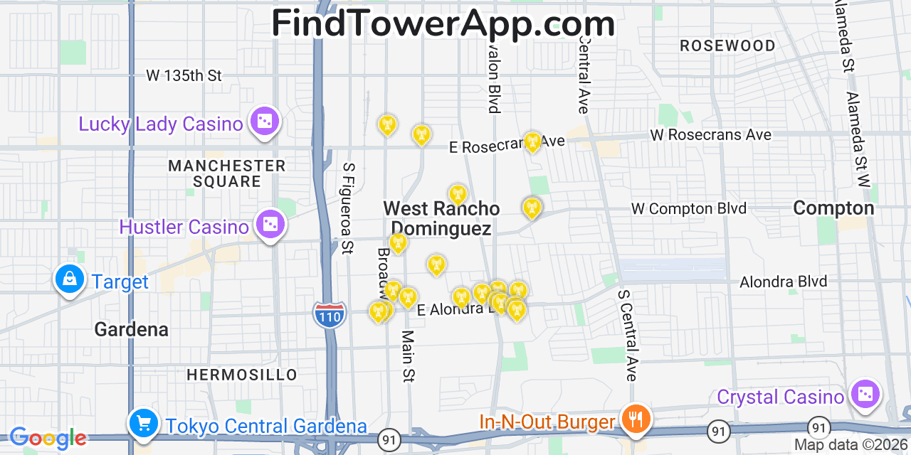 Map showing the 20 primary cell tower locations detected in West Rancho Dominguez, California from AT&T, Verizon, and T-Mobile networks