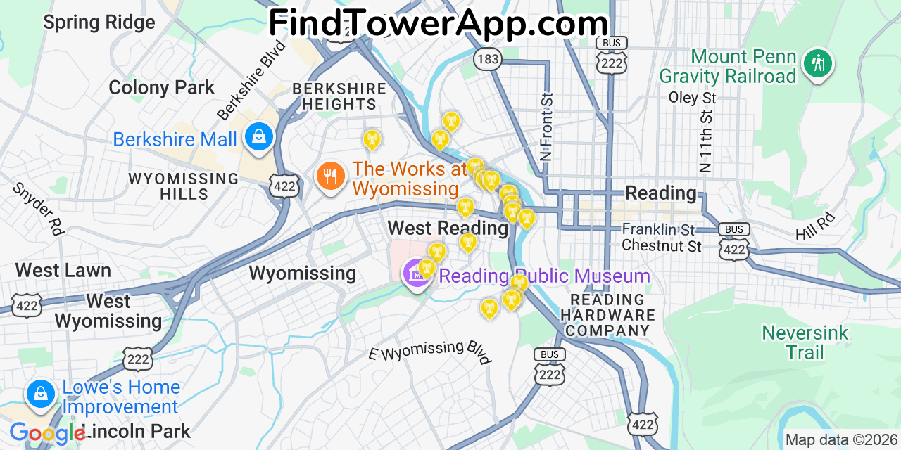 Map showing the 20 primary cell tower locations detected in West Reading, Pennsylvania from AT&T, Verizon, and T-Mobile networks