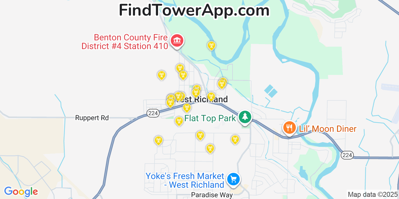 Map showing the 20 primary cell tower locations detected in West Richland, Washington from AT&T, Verizon, and T-Mobile networks