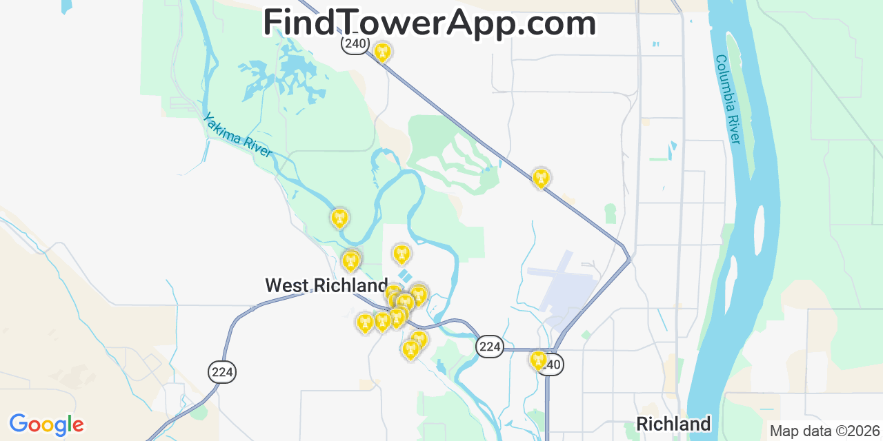Map showing the 20 primary cell tower locations detected in West Richland, Washington from AT&T, Verizon, and T-Mobile networks