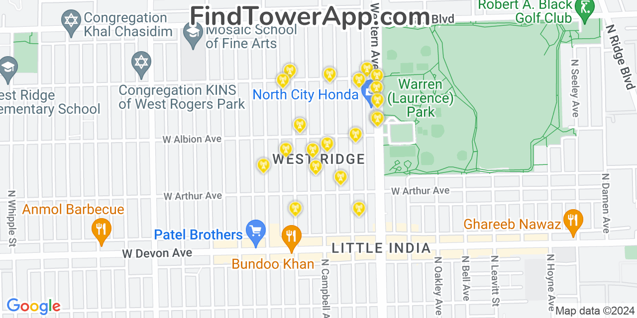 AT&T 4G/5G cell tower coverage map West Ridge, Illinois