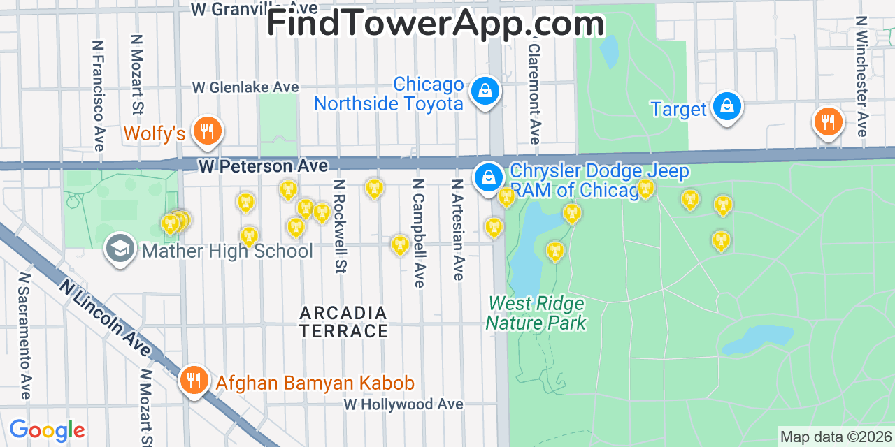 Map showing the 20 primary cell tower locations detected in West Ridge, Illinois from AT&T, Verizon, and T-Mobile networks