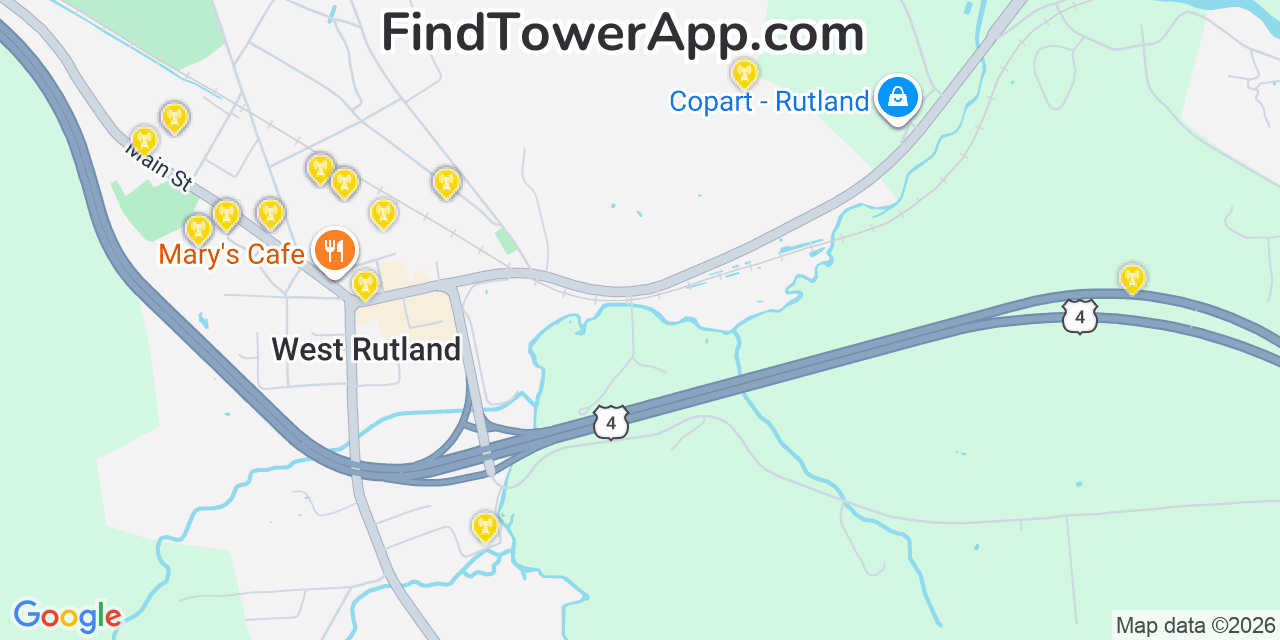 Map showing the 20 primary cell tower locations detected in West Rutland, Vermont from AT&T, Verizon, and T-Mobile networks