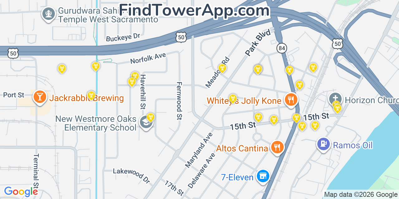 Map showing the 20 primary cell tower locations detected in West Sacramento, California from AT&T, Verizon, and T-Mobile networks