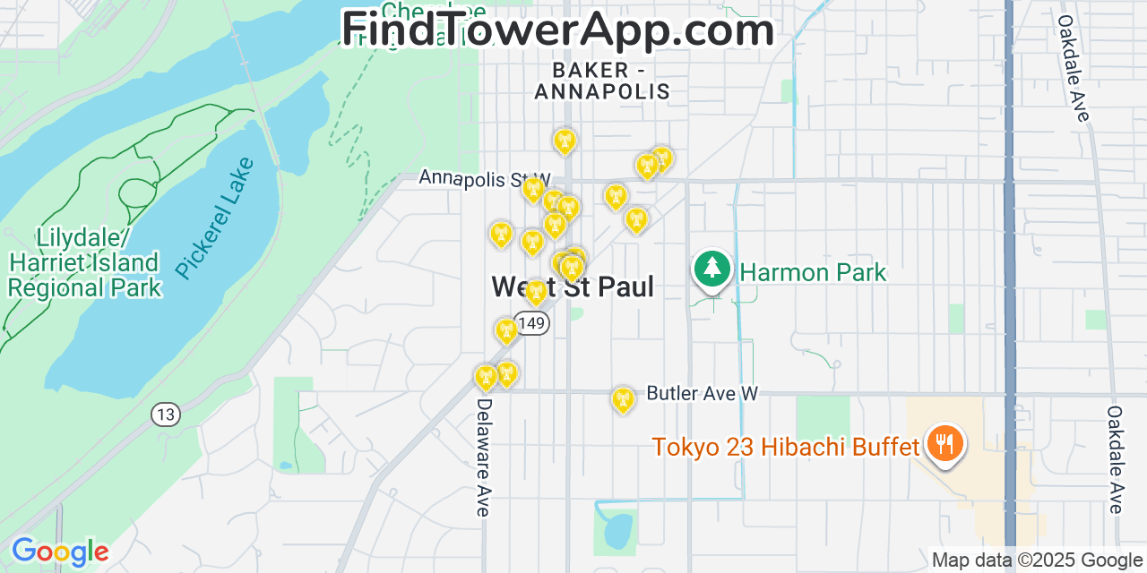 Map showing the 20 primary cell tower locations detected in West Saint Paul, Minnesota from AT&T, Verizon, and T-Mobile networks